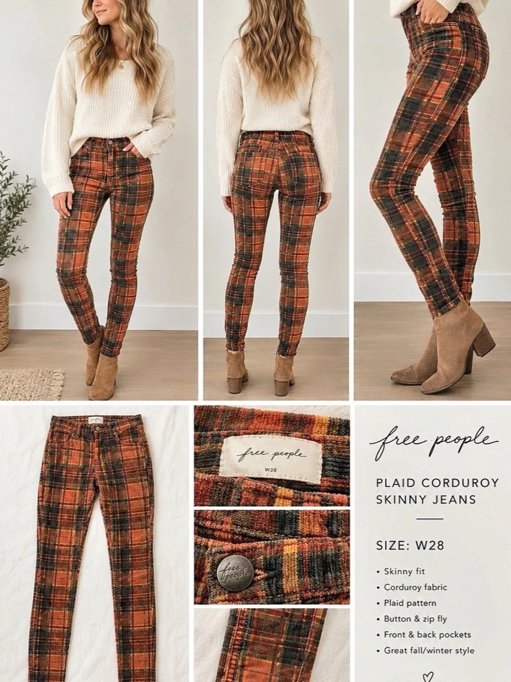 Free People Plaid Corduroy Skinny Jeans Plaid Skinny Jeans in Brown & Orange